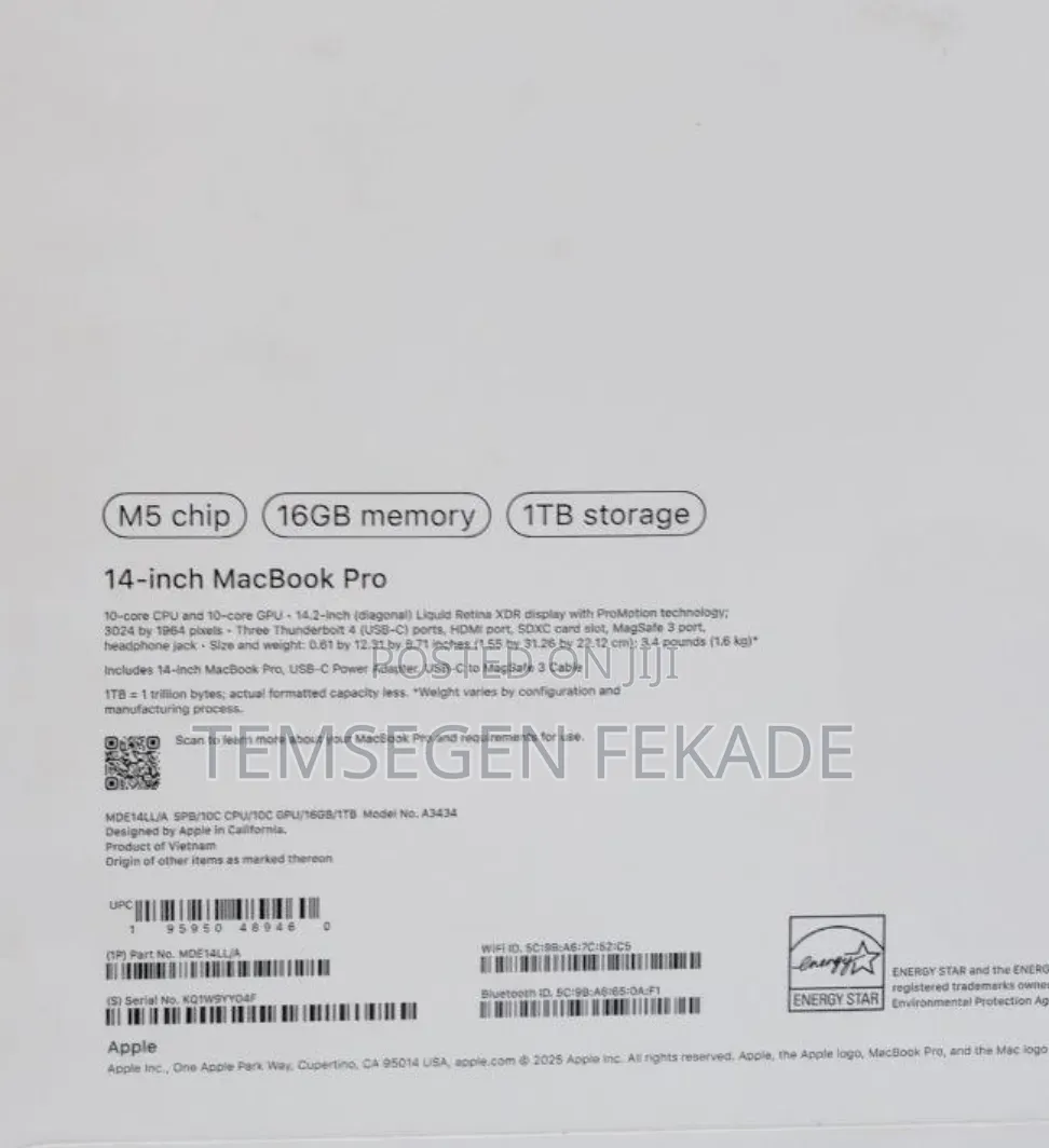 New Laptop Apple MacBook Pro 2025 M5 14-inch 16GB Apple M5 Pro SSD 1T
