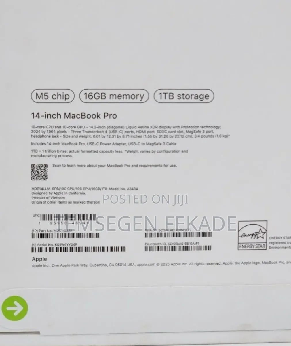 New Laptop Apple MacBook Pro 2025 M5 14-inch 16GB Apple M5 Pro SSD 1T