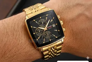 Gold-Toned Skmei 2434 Square Chronograph Watch Featuring a Black Dial