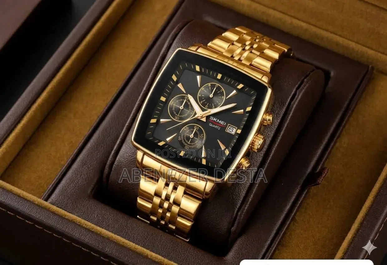Gold-Toned Skmei 2434 Square Chronograph Watch Featuring a Black Dial
