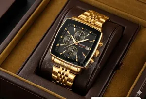 Gold-Toned Skmei 2434 Square Chronograph Watch Featuring a Black Dial