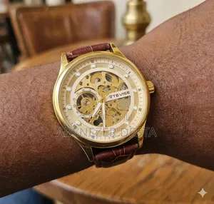 Gold-Tone Tevise Automatic Mechanical Skeleton Watch With a Brown