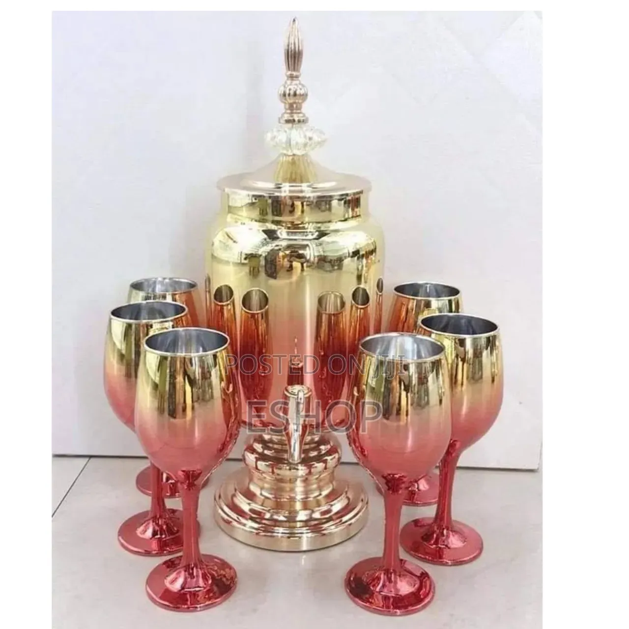 Regency Style Golden Amber Glass Fountain And 6 Goblets