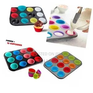 Premium 12-Hole Bakeware Set: Steel Pan + 12 Silicone Cupcake Liners