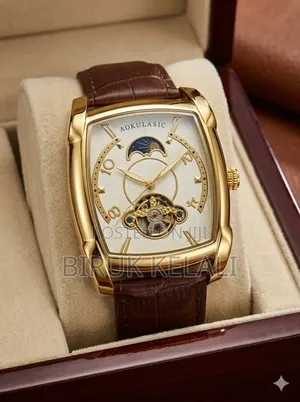 Aokulasic Men's Mechanical Watch Featuring a Gold-Toned Tonneau Case