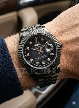 Black Stainless Steel Rolex Day-Date Wristwatch With a Fluted Bezel
