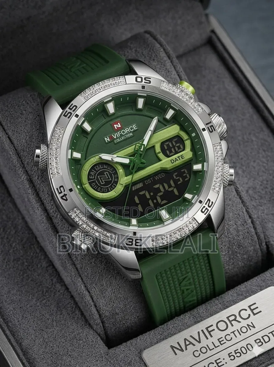 Naviforce Nf-9223 Dual Display Watch With a Green Silicone Band.