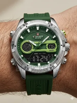 Naviforce Nf-9223 Dual Display Watch With a Green Silicone Band.