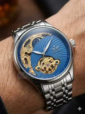 Sewor Automatic Mechanical Watch With a Blue Skeleton Dial