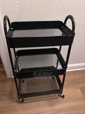 Black 3-Tier Utility Rolling Cart With Mesh Baskets and Handles