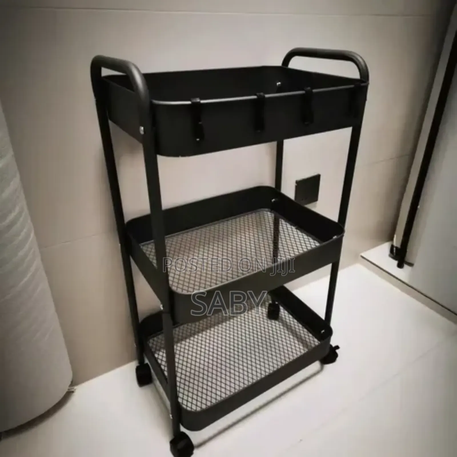 Black 3-Tier Utility Rolling Cart With Mesh Baskets and Handles