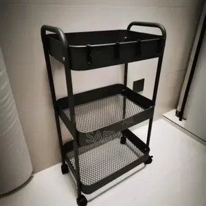 Black 3-Tier Utility Rolling Cart With Mesh Baskets and Handles