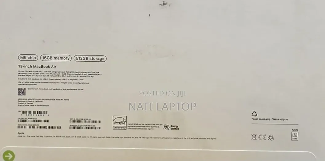 New Laptop Apple MacBook Air 2026 M5 13-inch 16GB Apple M5 SSD 512GB
