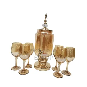 Antique Charm Golden Amber Drink Dispenser With 6 Glasses