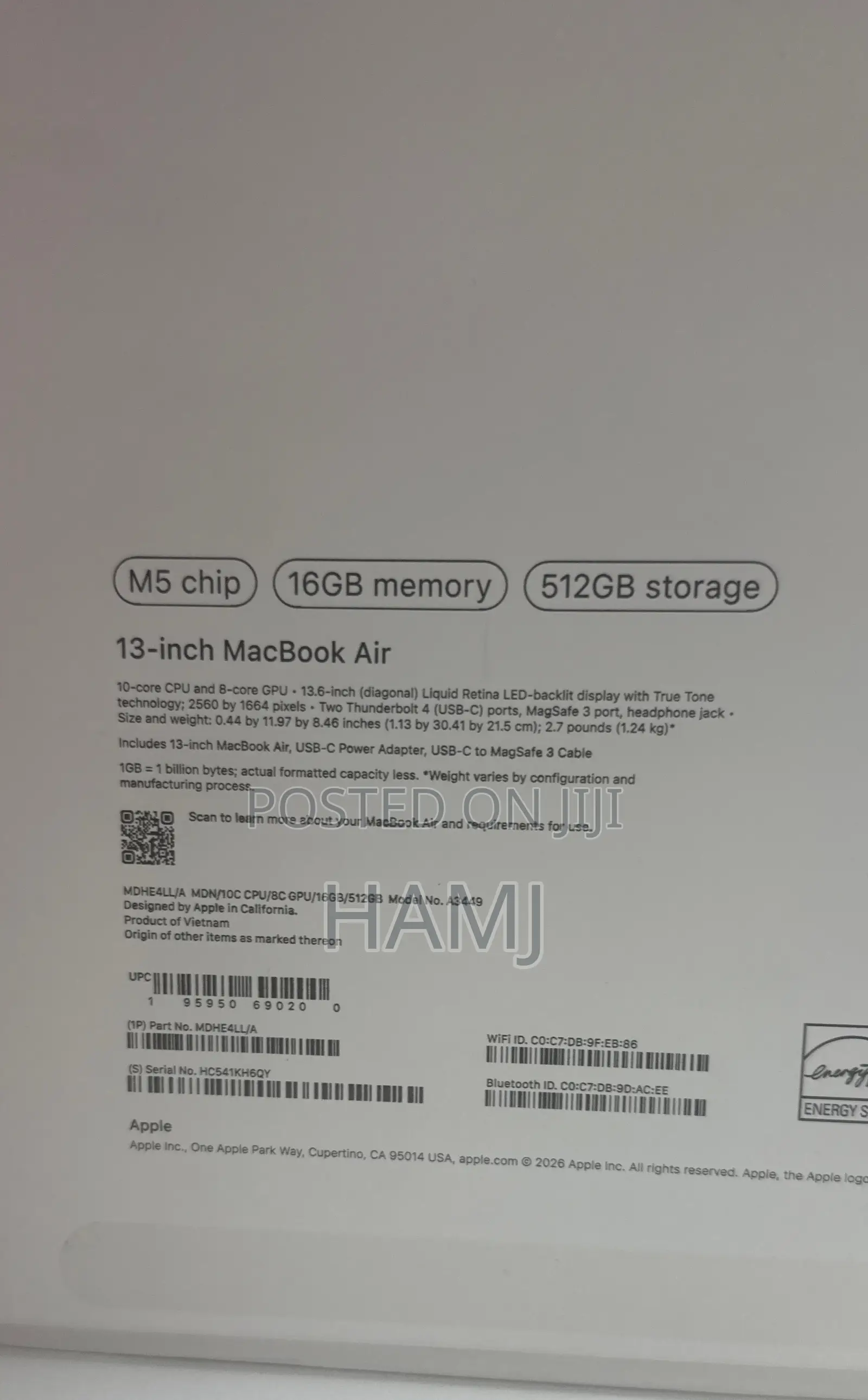 New Laptop Apple MacBook Air 2026 M5 16GB Apple M5 SSD 512GB