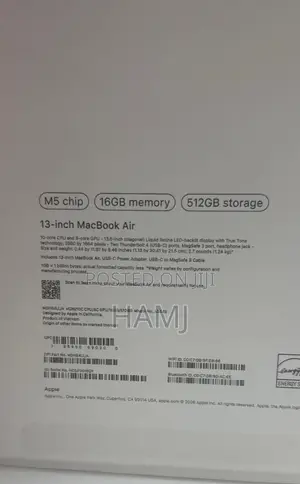 New Laptop Apple MacBook Air 2026 M5 16GB Apple M5 SSD 512GB