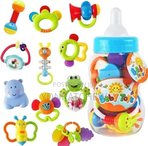 Colorful Baby Rattle Teether Toy Set in Feeding Bottle Container