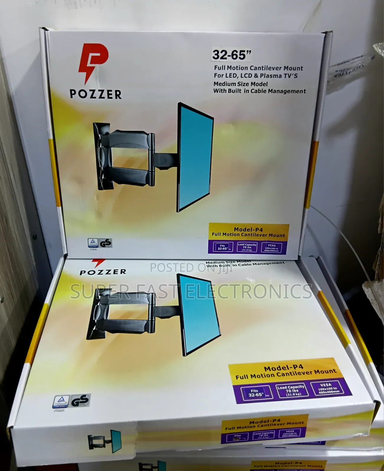 Pozzer Model-P4 Full Motion Cantilever Wall Mount for 32"–65" TVS