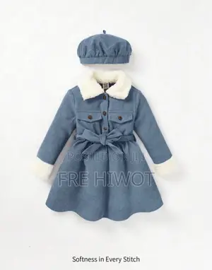 2pcs/Set Baby Girls ' Plush Collar Long Sleeve Waisted Dress With Hat