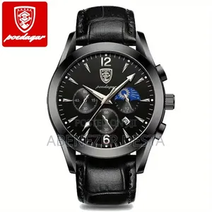 Poedagar Men's Chronograph Quartz Watch Black Leather Strap and Black