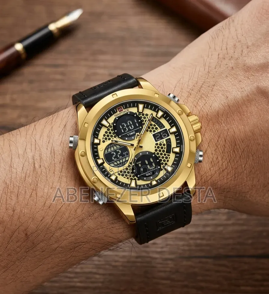 Naviforce Nf9225 Men's Sports Watch Featuring a Gold Caseblack Leather