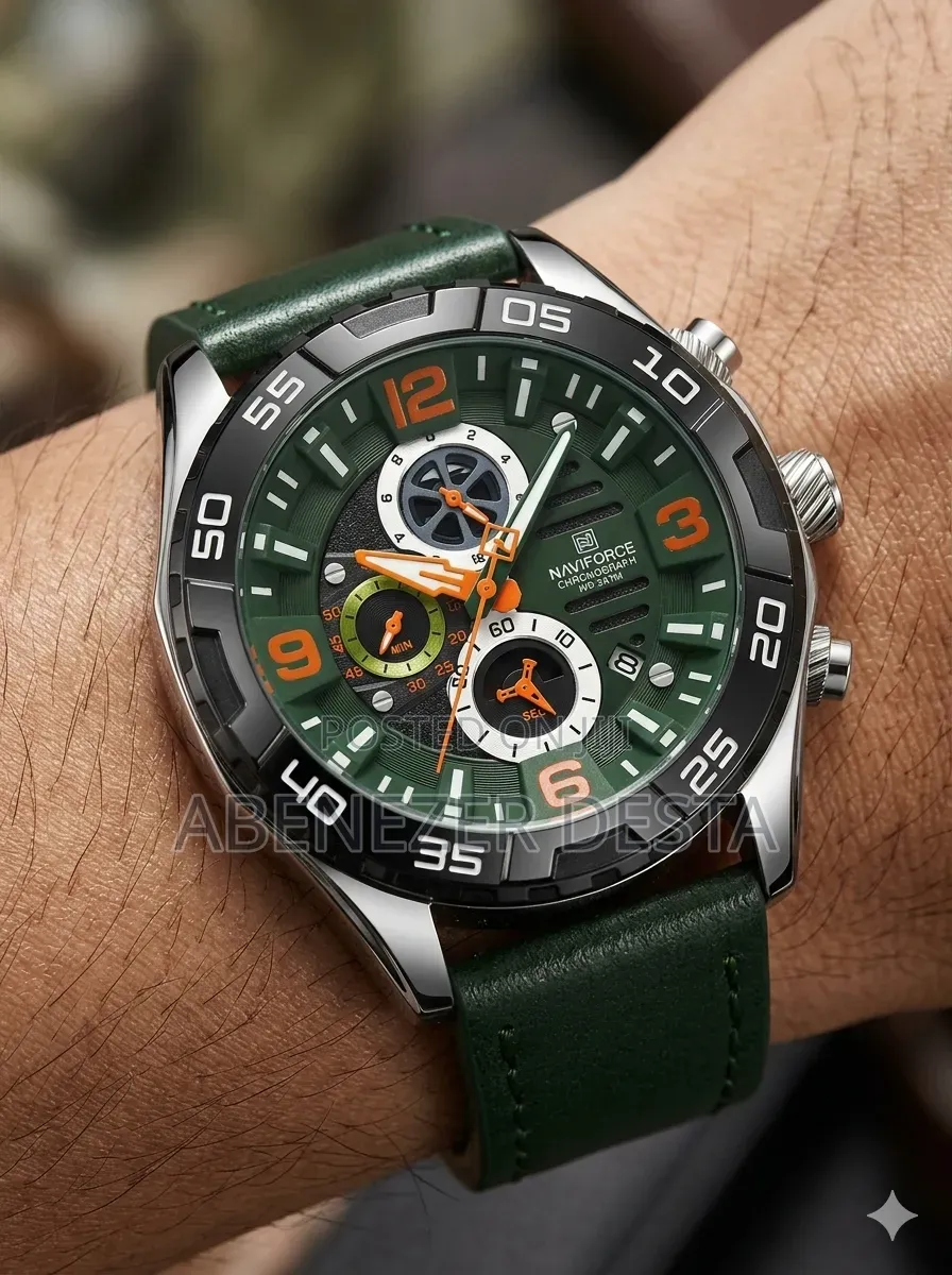 Naviforce Quartz Watch Green Dial and a Matching Green Leather Strap.