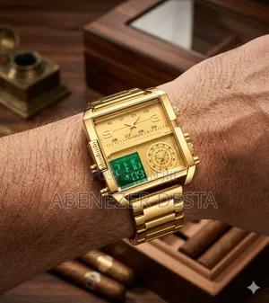 Skemi Gold-Tone Stainless Steel Square Watchanalog and Digital Display