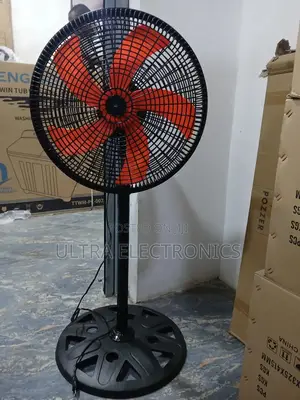 Pacific 18-Inch Standing Floor Fan With Orange Blades and a Black