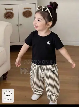 2pcs Baby Girls White Short Sleeve T-Shirt and Striped Pants Set