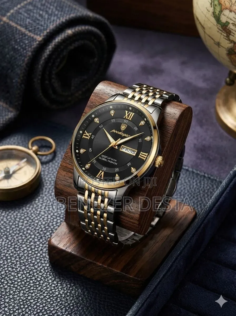 Poedagar Men's Luxury Stainless Steel Black Dial and Two-Tone Band.