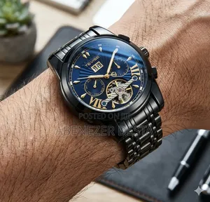 Tevise All-Black Automatic Watch With a Blue Skeleton Dial.