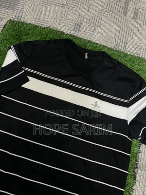 Men's Black White Striped Polo Style T-Shirt •