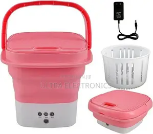 Pink Portable Mini Foldable Washing Machine With a White Spin Dryer