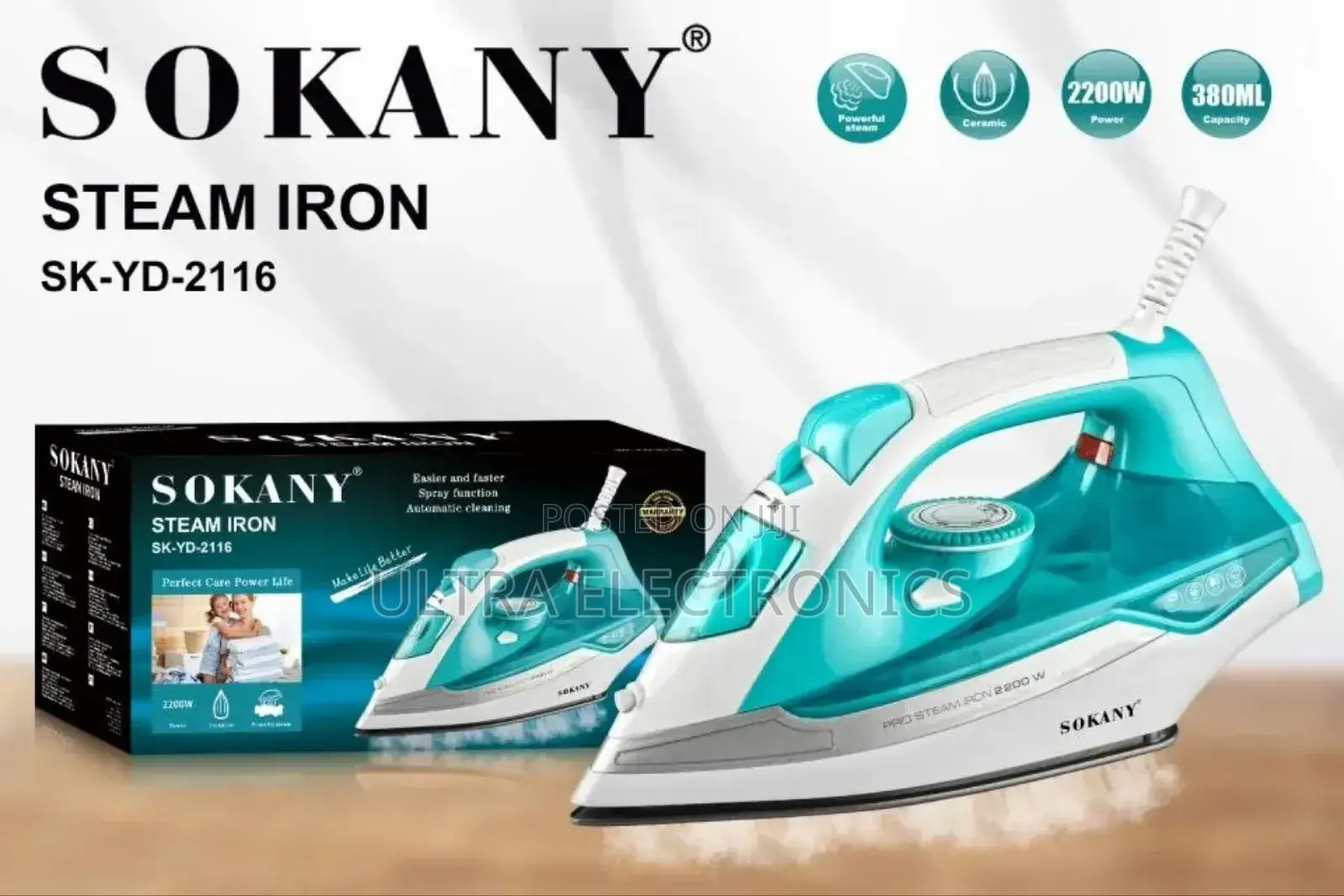 Steam Iron Sokany Electric Featuring a Blue and White Design.Typically