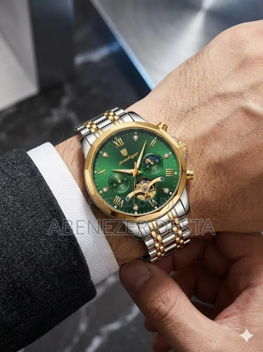Poedagar 938 Diamond Mirror Chronograph Watch Featuring a Green Dial