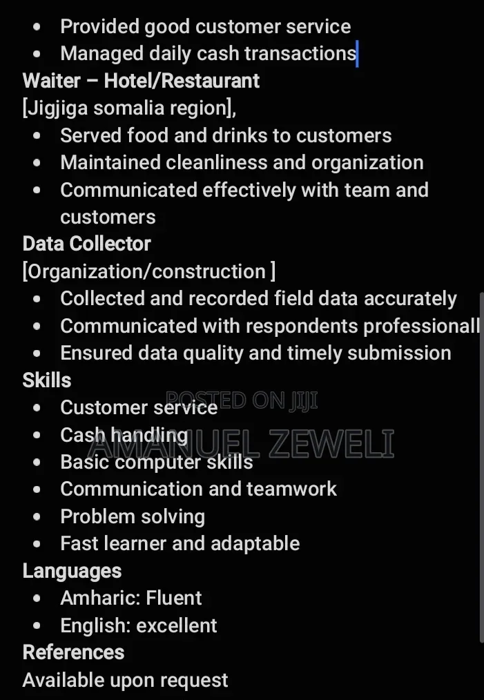 Sales and Marketing ,Cashier, and Others