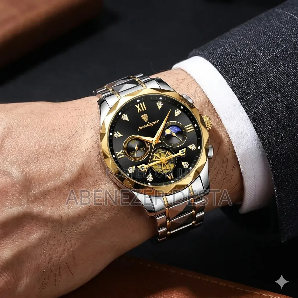 Poedagar Luxury Men's Chronograph Wristwatch Featuring Two-Tone Silver