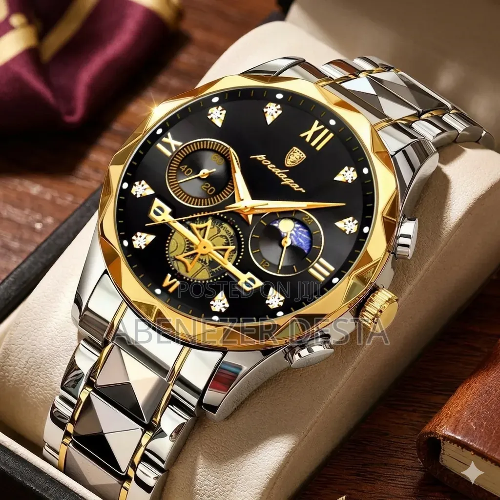 Poedagar Luxury Men's Chronograph Wristwatch Featuring Two-Tone Silver
