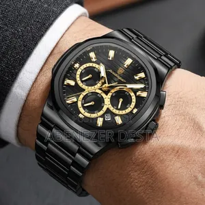 Poedagar Chronograph Wristwatch With a Black Stainless Steel Strap