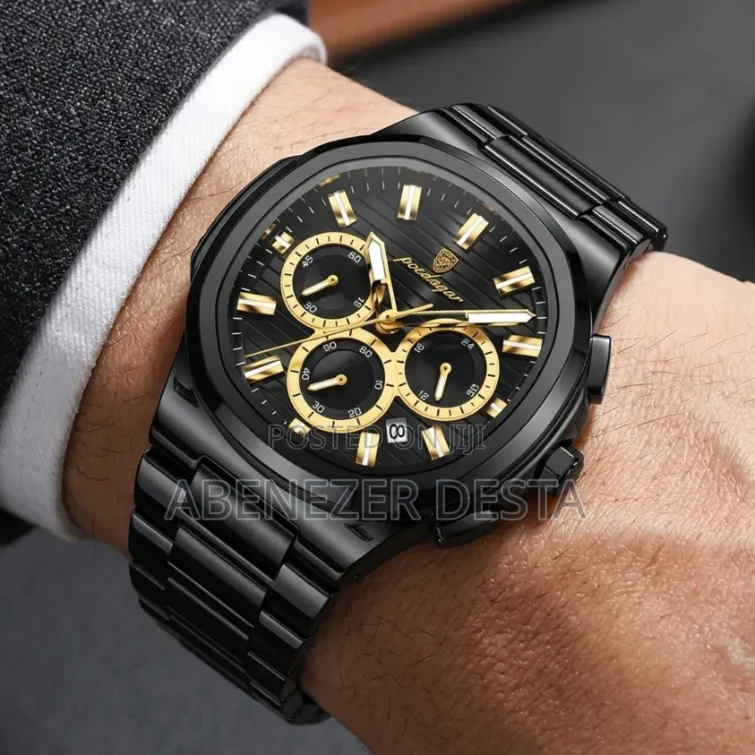 Poedagar Chronograph Wristwatch With a Black Stainless Steel Strap