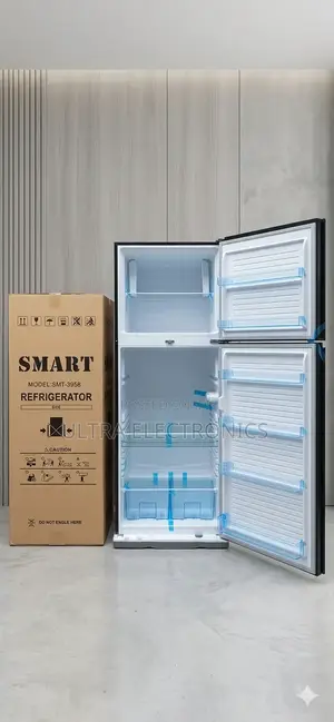 Smart SMT-3958 Top-Freezer Refrigerator in Black, Shown Next to Its