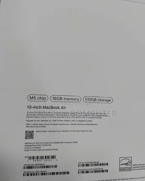 New Laptop Apple MacBook Air 2026 M5 13-inch 16GB Apple M5 SSD 512GB