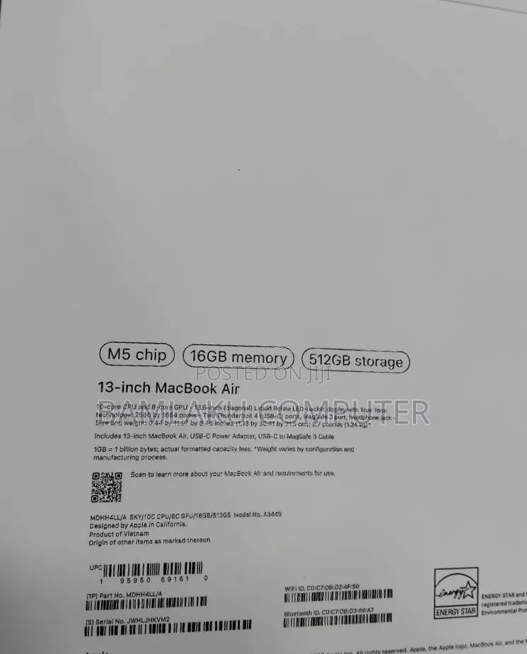 New Laptop Apple MacBook Air 2026 M5 13-inch 16GB Apple M5 SSD 512GB