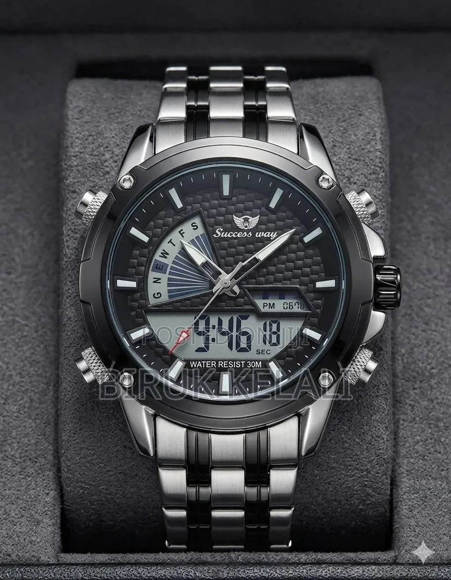 Success Way Dual Display Wristwatch Featuring a Black Textured Dial