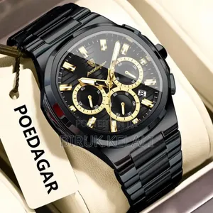 Poedagar Stainless Steel Chronograph Watch in Black and Gold.