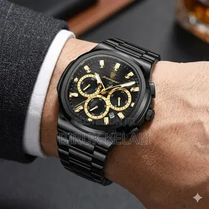 Poedagar Stainless Steel Chronograph Watch in Black and Gold.