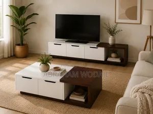 White and Brown Tv Stand With Center Table