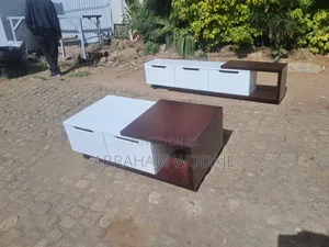 White and Brown Tv Stand With Center Table