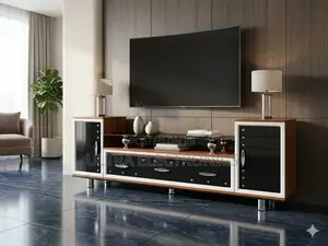Features A Sleek, Multi-textured Design Combining Wood Tones, Glass,