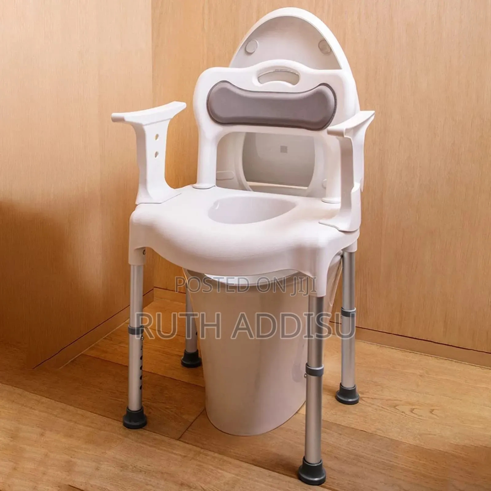 White and Grey Shower Commode Chair Features Adjustable Height Legs